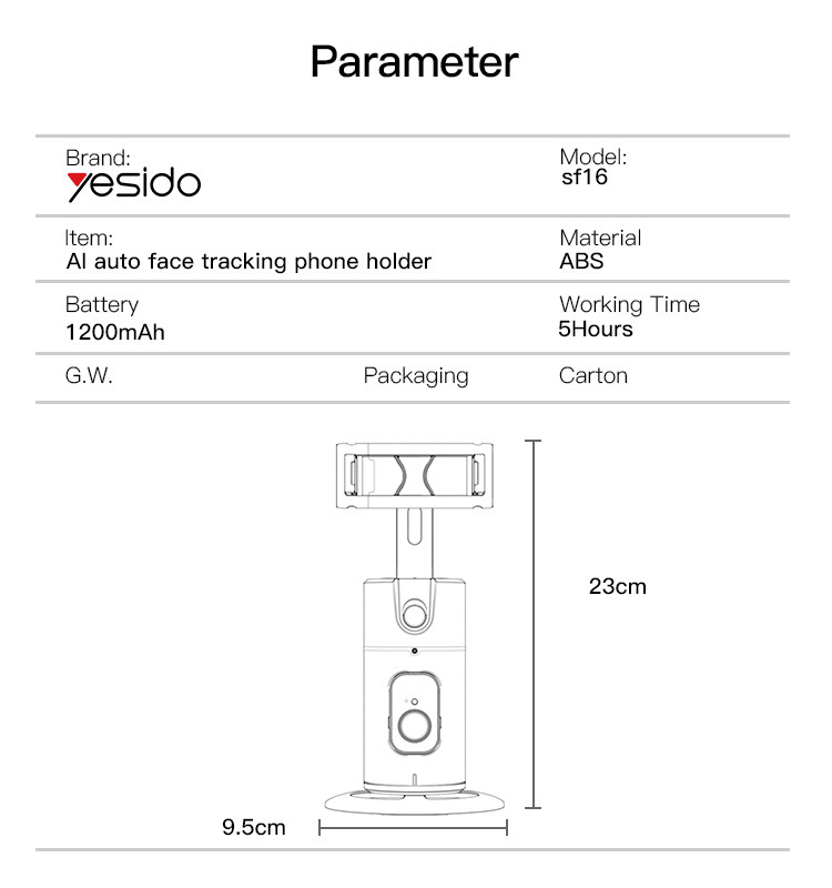 Yesido SF16 Auto Face tracking Gimbal Selfie Stick Parameter