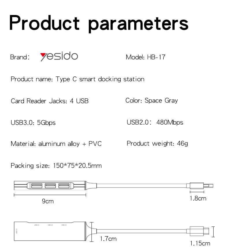 HB17 Type-C to USB and Charging USB Hub Parameter