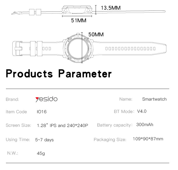 Yesido IO16 Sport Smart Watch Parameter