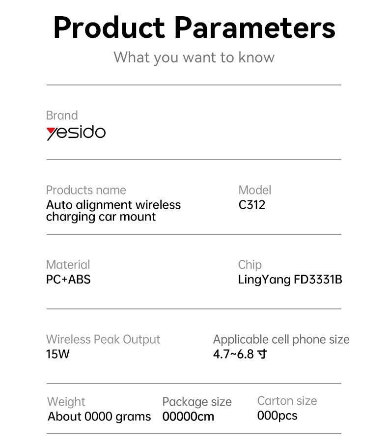 C312 Auto Alignment Wireless Charging Phone Holder Parameter