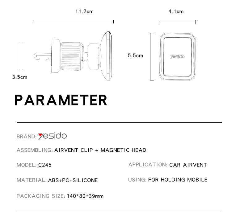 C245 Magnetic Air Vent Phone Holder Parameters