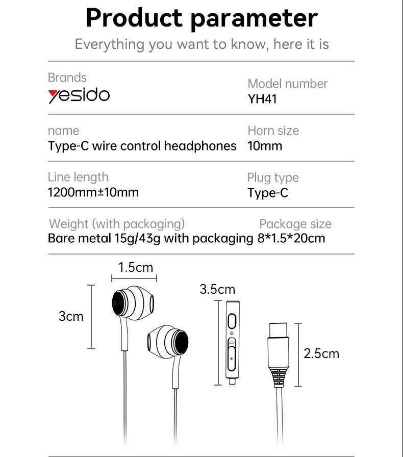 YESIDO YH41 Type-C Aluminum Alloy In-ear Wired Earphone Parameter