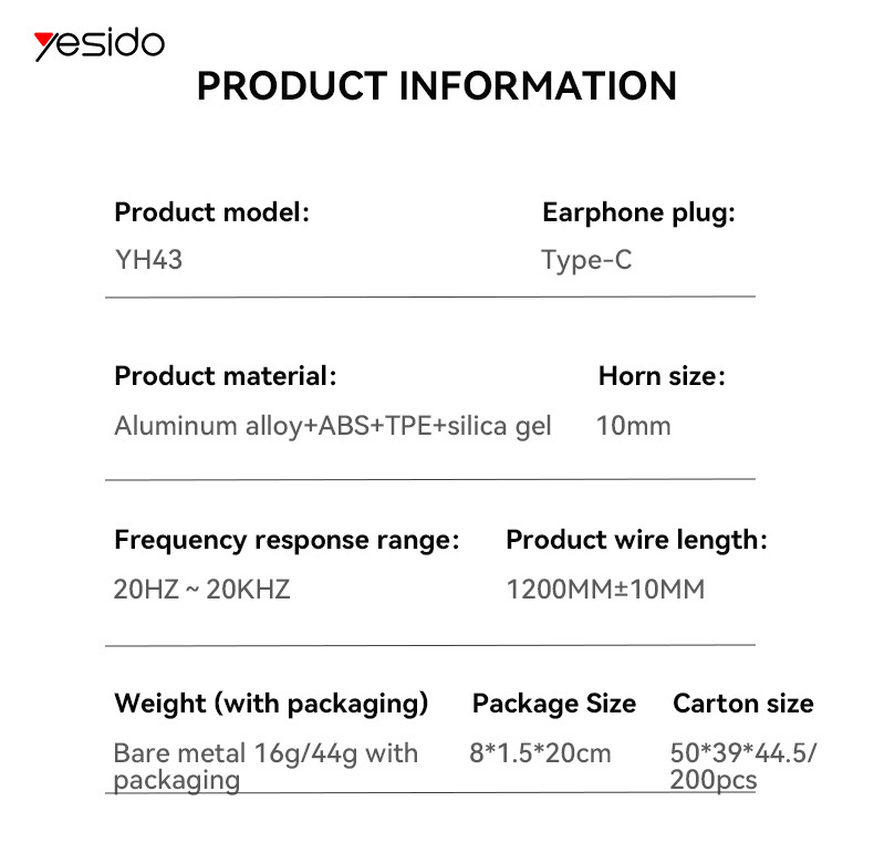 YESIDO YH43 Type-C Aluminum Alloy In-ear Wired Earphone Parameter