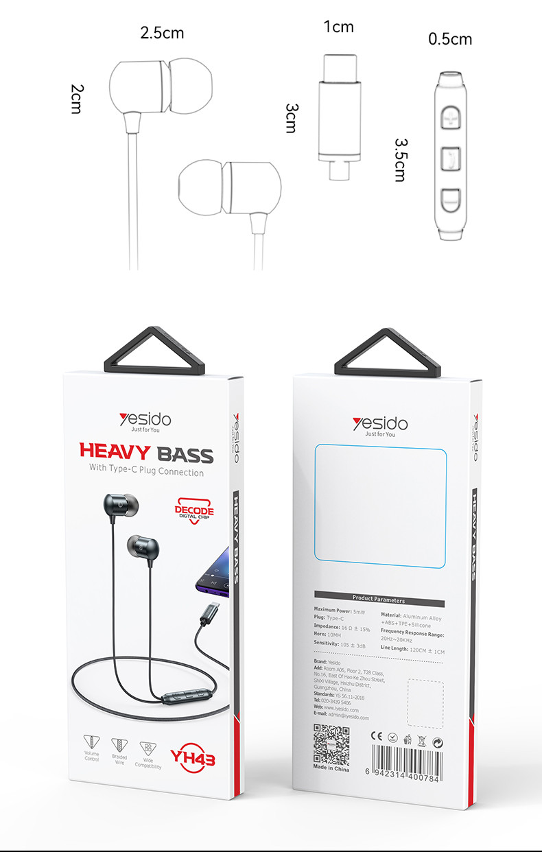 YESIDO YH43 Type-C Aluminum Alloy In-ear Wired Earphone Packaging