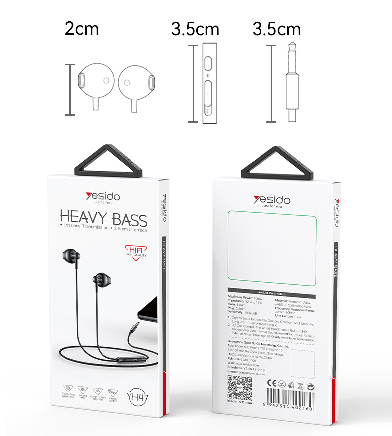 YESIDO YH47 3.5mm Aluminum Alloy In-ear Wired Earphone Packaging