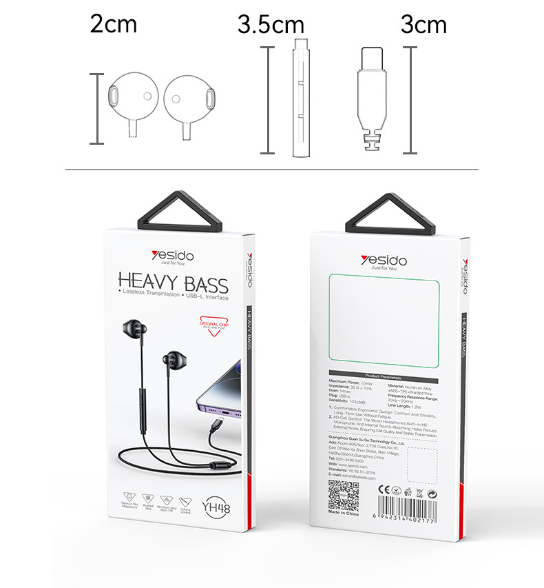 YESIDO YH48 Lightning Aluminum Alloy In-ear Wired Earphone Packaging