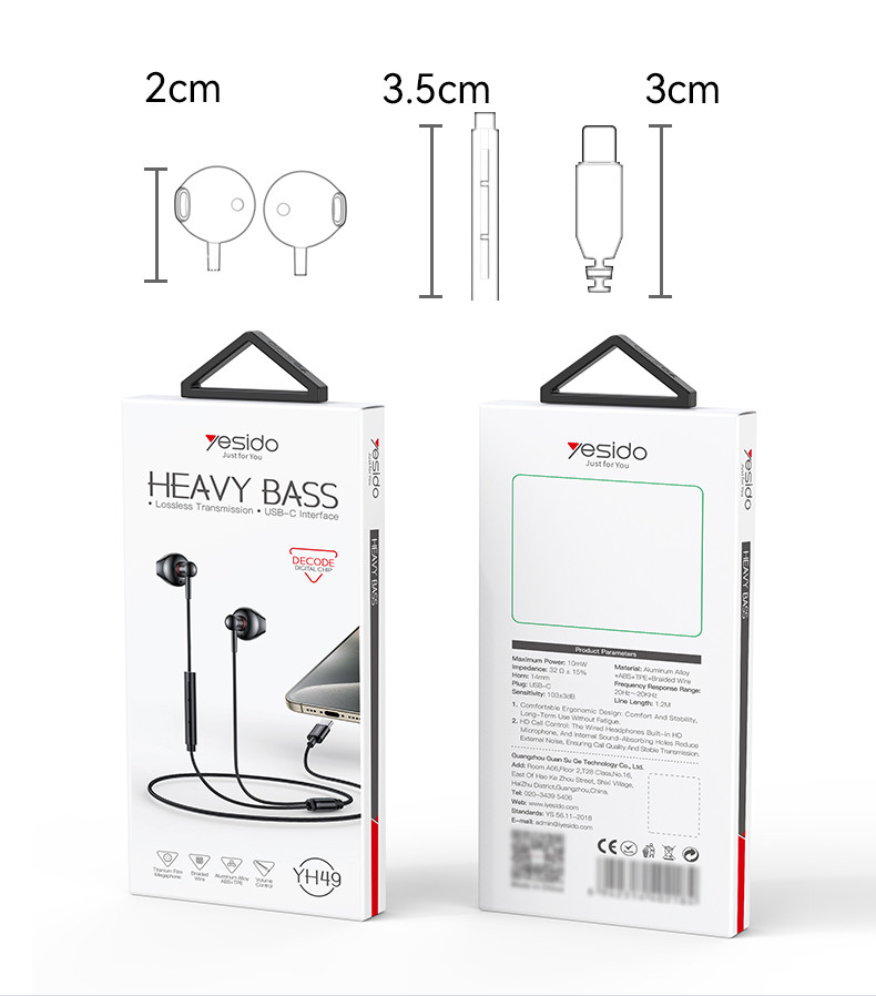 YESIDO YH49 Type-C Aluminum Alloy In-ear Wired Earphone Packaging