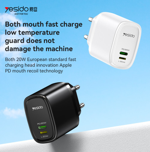 YC44 Type-C + Lightning Dual Ports 20W Fast Charging Euro Gauge Travel Charger With C To L Cable