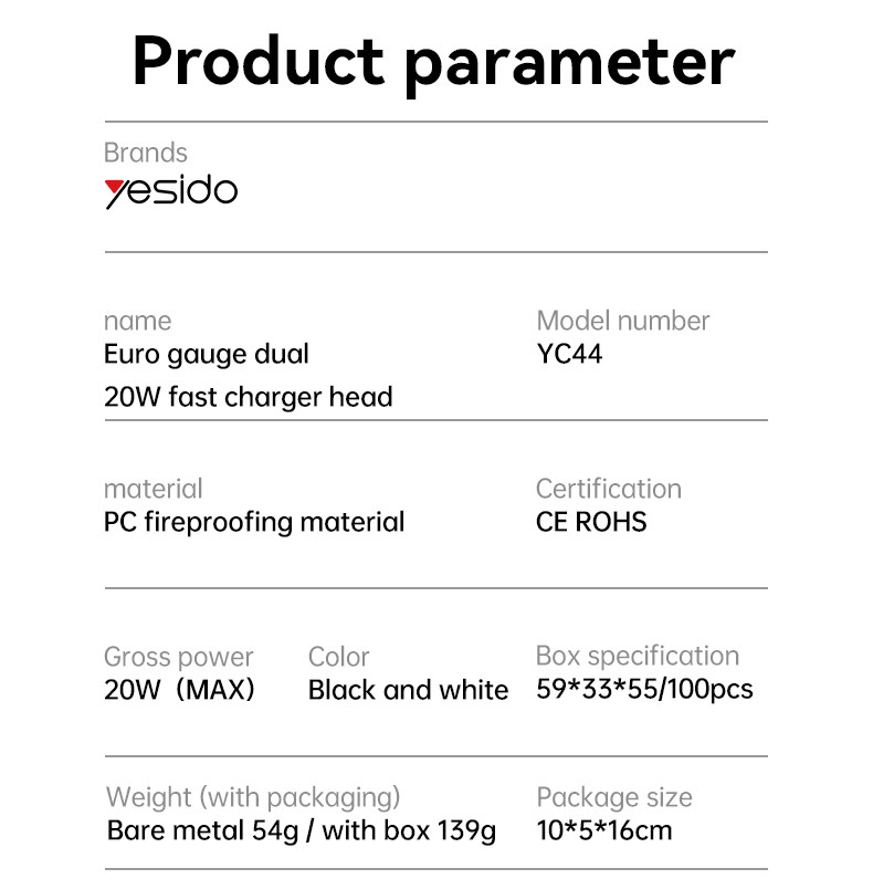 YC44 20W Fast Charging Home Charger(TC+Lightning Port) Parameter