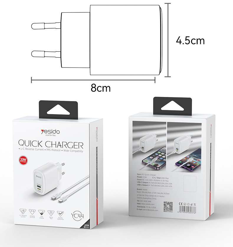 YC44 20W Fast Charging Home Charger(TC+Lightning Port) Packaging