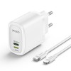 YC44 Type-C + Lightning Dual Ports 20W Fast Charging Euro Gauge Travel Charger With C To L Cable