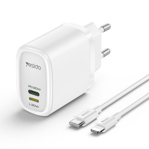 YC44 Type-C + Lightning Dual Ports 20W Fast Charging Euro Gauge Travel Charger With C To L Cable