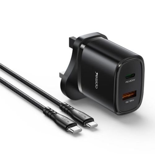 YC49 USB-A + Type-C Dual Ports Max 20W Fast Charging UK Standard Travel Charger With C To C Cable