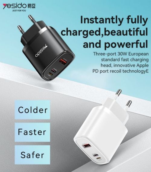 YC52 PC Fireproof Shell Multi-charging With One Data Cable 30W Three Ports Fast Charging EU Charger