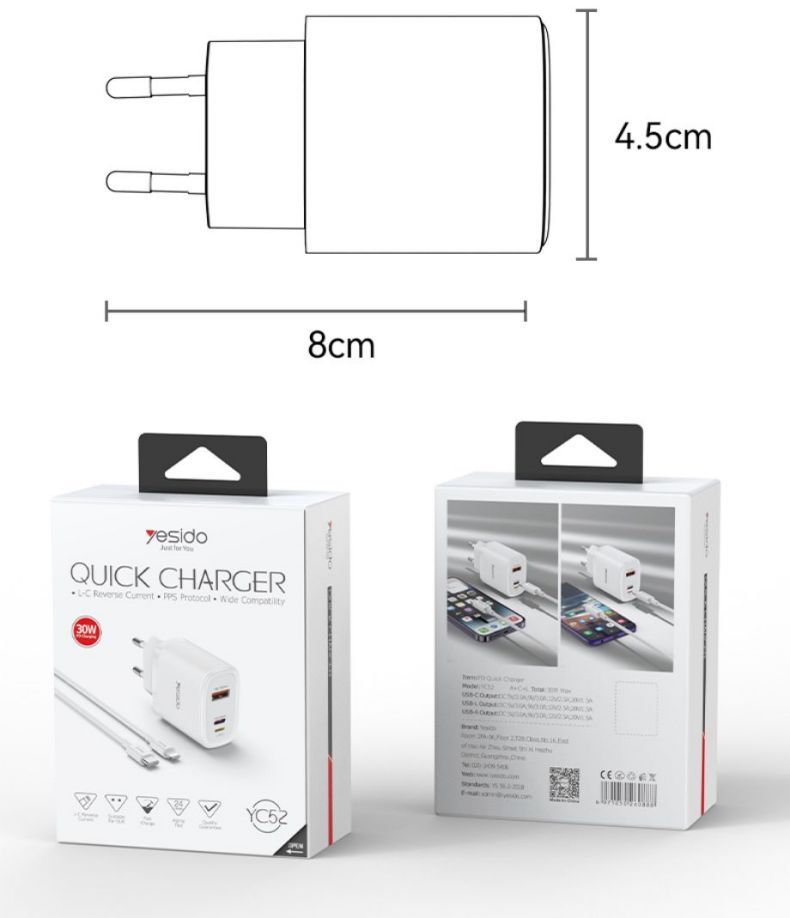 YC52 30W Fast Charging Home Charger(USB + TC + Lightning Port) Packaging