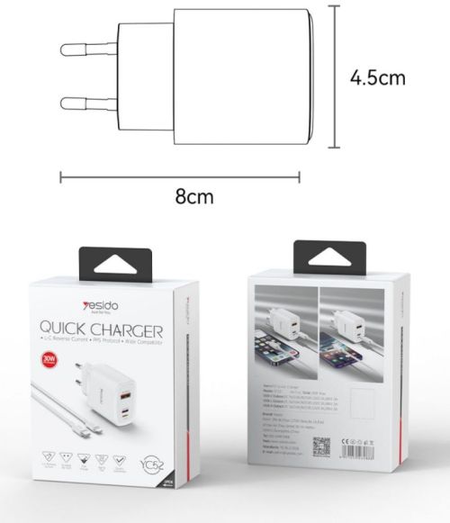 YC52 PC Fireproof Shell Multi-charging With One Data Cable 30W Three Ports Fast Charging EU Charger