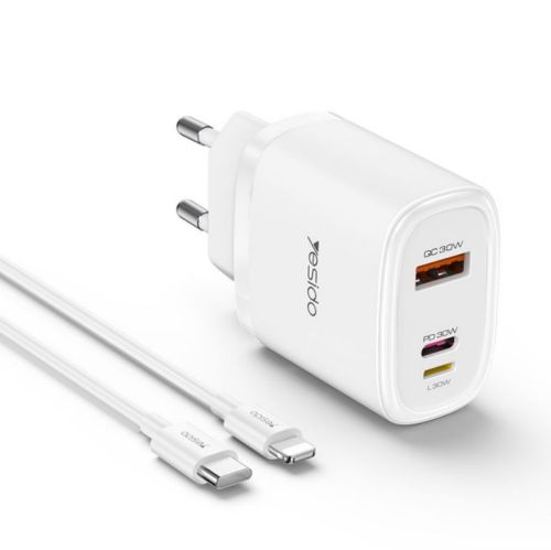 YC52 PC Fireproof Shell Multi-charging With One Data Cable 30W Three Ports Fast Charging EU Charger