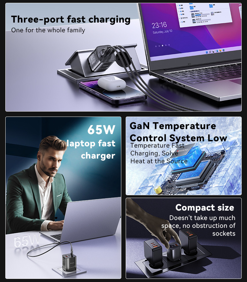 YC65 EU 65W GaN Fast Charging Charger(USB+Type-C+Type-C Port) Details