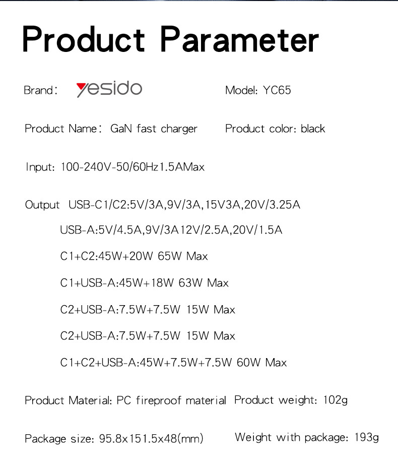 YC65 EU 65W GaN Fast Charging Charger(USB+Type-C+Type-C Port) Parameter