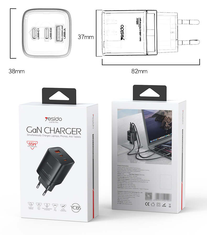 YC65 EU 65W GaN Fast Charging Charger(USB+Type-C+Type-C Port) Packaging