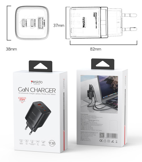 YC65 Low Temperatures 65W Fast Charging 2 USB-C & USB-A Three-port EU GaN Fast Charger