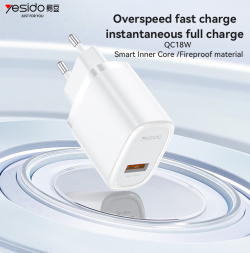 YC66C Overspeed Fast Charge Fireproof Material QC18W Single A EU Charger With A To C Cable