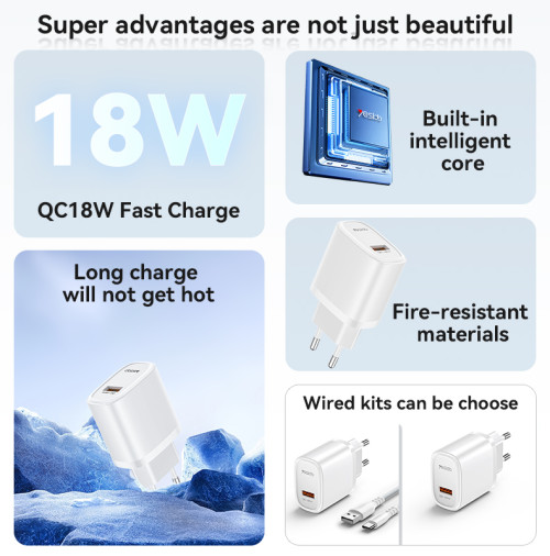 YC66C Overspeed Fast Charge Fireproof Material QC18W Single A EU Charger With A To C Cable