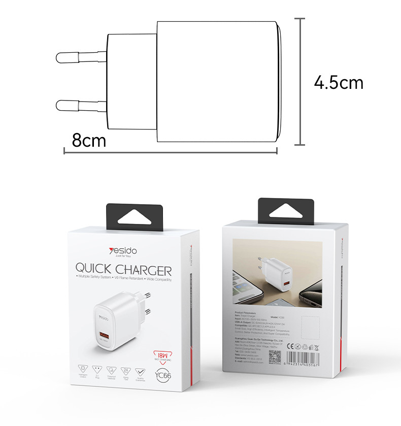 YC66 EU 18W Fast Charging Charger(USB Port) Packaging