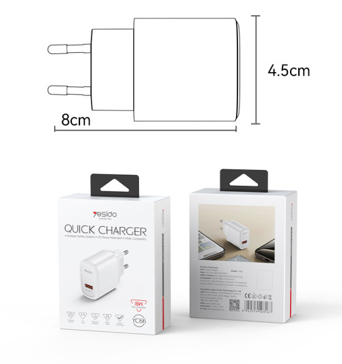 YC66C Overspeed Fast Charge Fireproof Material QC18W Single A EU Charger With A To C Cable