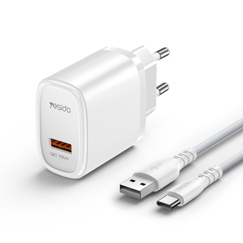 YC66C Overspeed Fast Charge Fireproof Material QC18W Single A EU Charger With A To C Cable