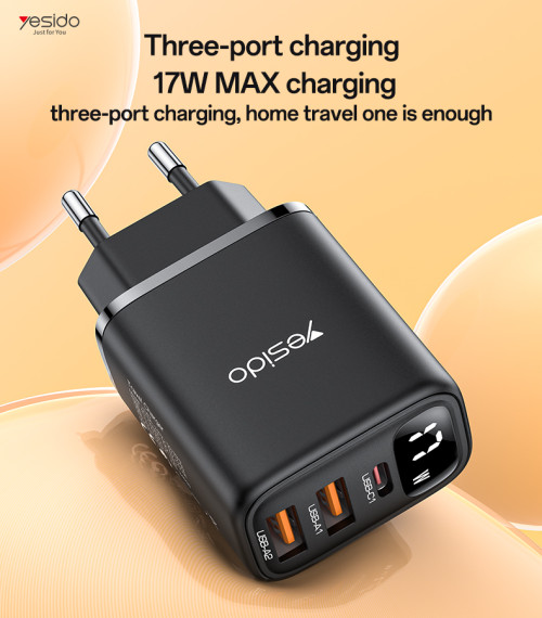 YC67 Three Charging Ports 17W MAX Charging Smart Digital Display EU Digita Fast Charger