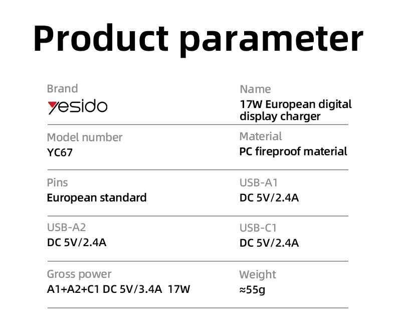YC67 EU 17W Power Display Wall Charger Parameter