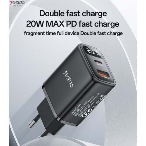 YC68 PD 20W Fast Charging Dual Port Smart Digital Display EU Digital Fast Charger