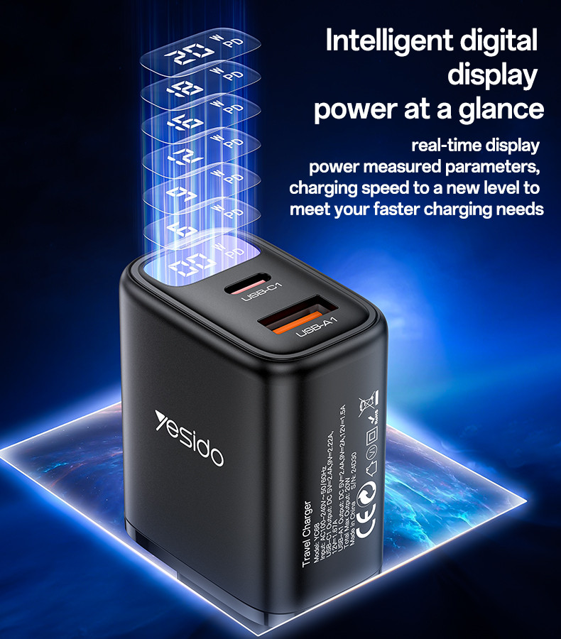 YC68 EU 20W Power Display Fast Charging Wall Charger Details