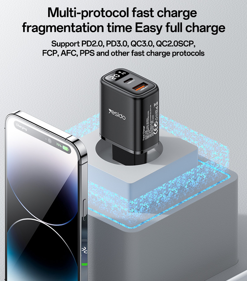 YC68 EU 20W Power Display Fast Charging Wall Charger Details