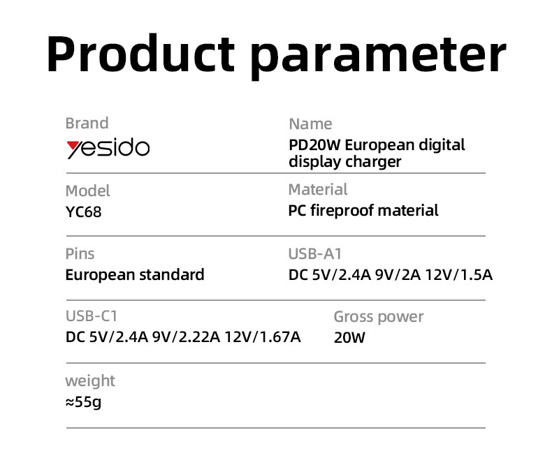 YC68 EU 20W Power Display Fast Charging Wall Charger Parameter