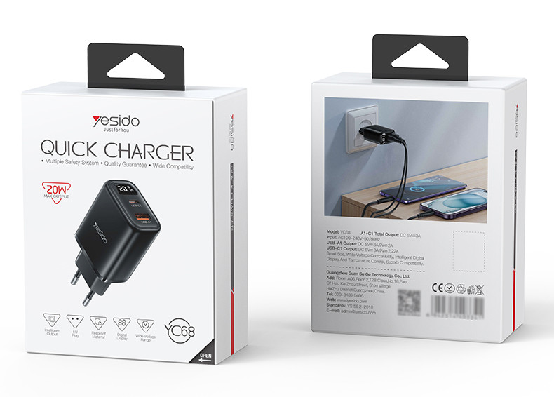 YC68 EU 20W Power Display Fast Charging Wall Charger Packaging