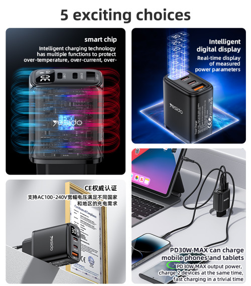 YC69 PD 30W Fast Charging 2*TC & USB Three Ports Smart Digital Display EU Standard Fast Charger