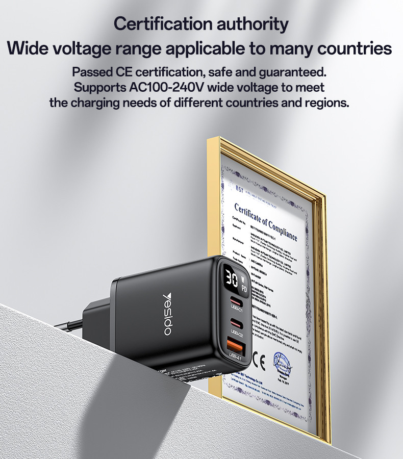 YC69 EU 30W Power Display Fast Charging Wall Charger Details