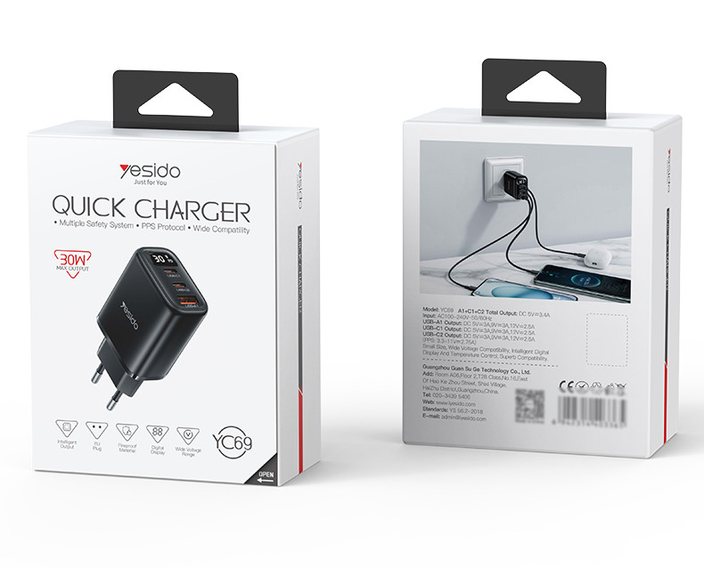 YC69 EU 30W Power Display Fast Charging Wall Charger Packaging