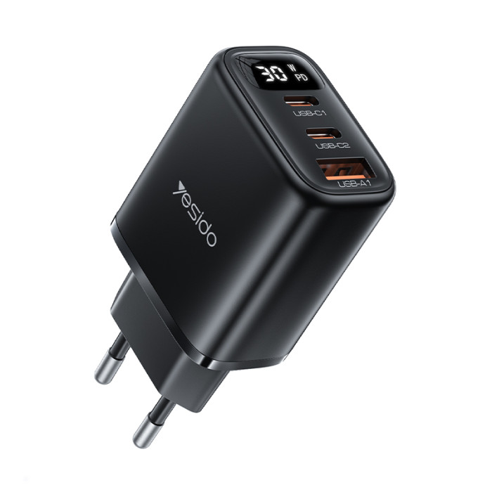 YC69 PD 30W Fast Charging 2*TC & USB Three Ports Smart Digital Display EU Standard Fast Charger