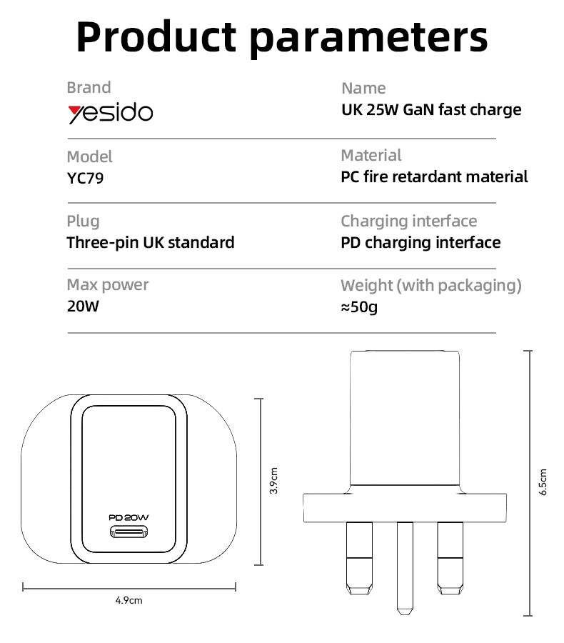 YC79 UK 20W GaN Fast Charging Wall Charger(Type-C Port) Parameter