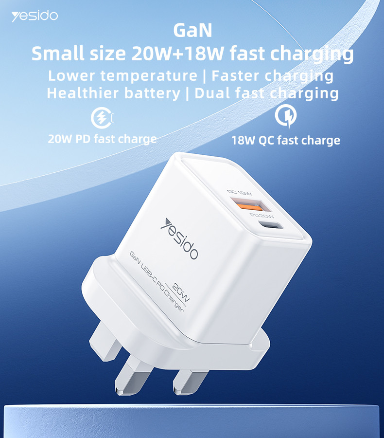 YC80 UK 20W GaN Fast Charging Wall Charger(Type-C + USB Port)