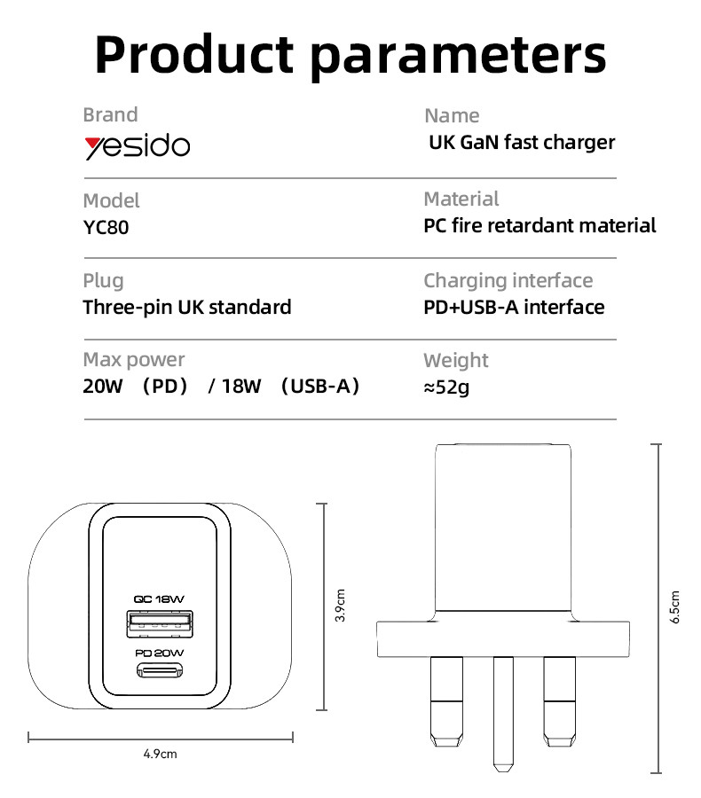 YC80 UK 20W GaN Fast Charging Wall Charger(Type-C + USB Port) Parameter