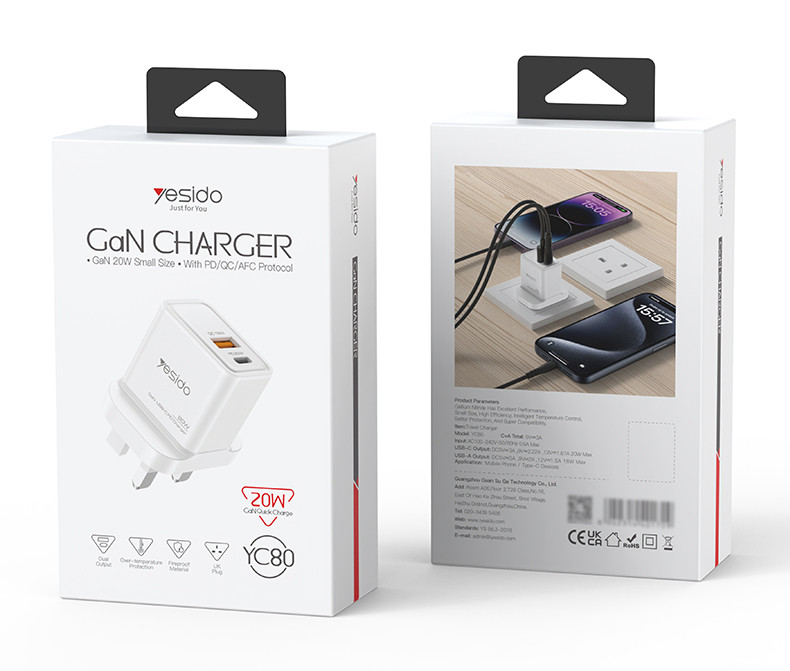 YC80 UK 20W GaN Fast Charging Wall Charger(Type-C + USB Port) Packaging