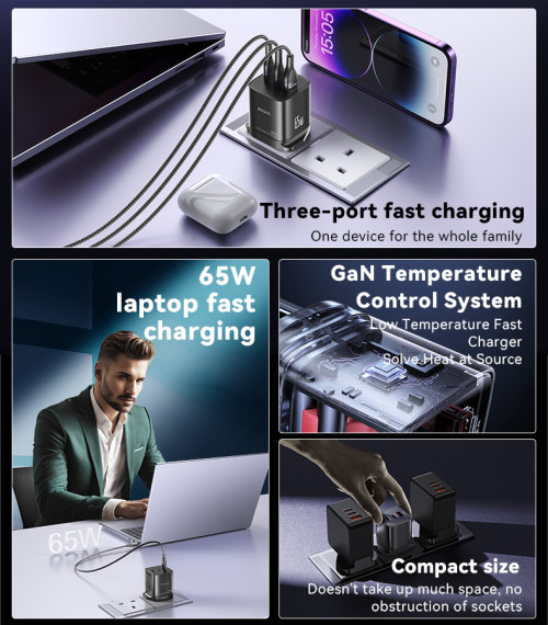 YC84 Low Temperatures 65W Fast Charging 2 USB-C & USB-A Three-port UK GaN Fast Charger