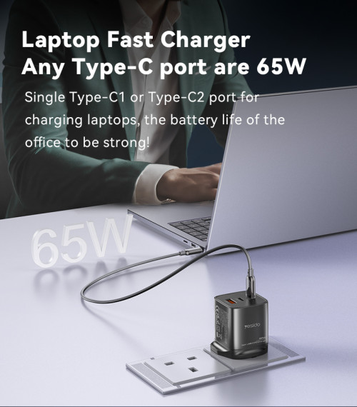 YC84 Low Temperatures 65W Fast Charging 2 USB-C & USB-A Three-port UK GaN Fast Charger