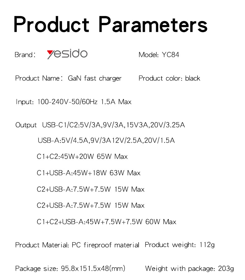 YC84 UK 65W GaN Fast Charging Wall Charger(2*Type-C + USB Port) Parameter