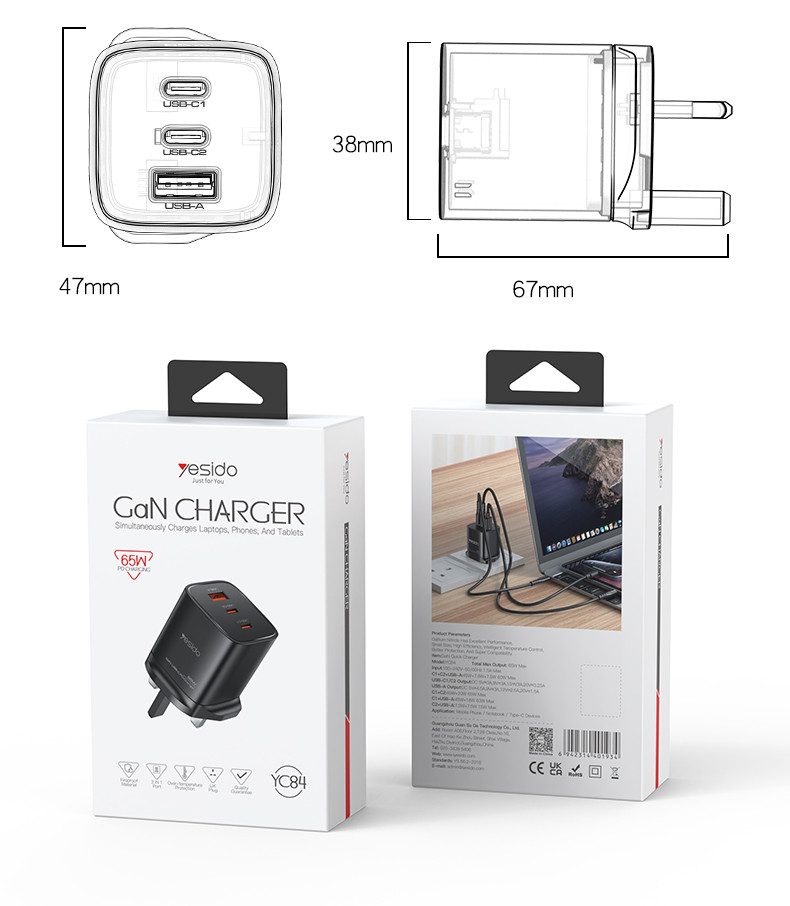 YC84 UK 65W GaN Fast Charging Wall Charger(2*Type-C + USB Port) Packaging