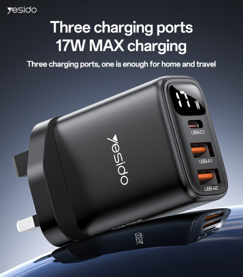 YC86 Three Charging Ports 17W MAX Charging Smart Digital Display UK Digital Fast Charger